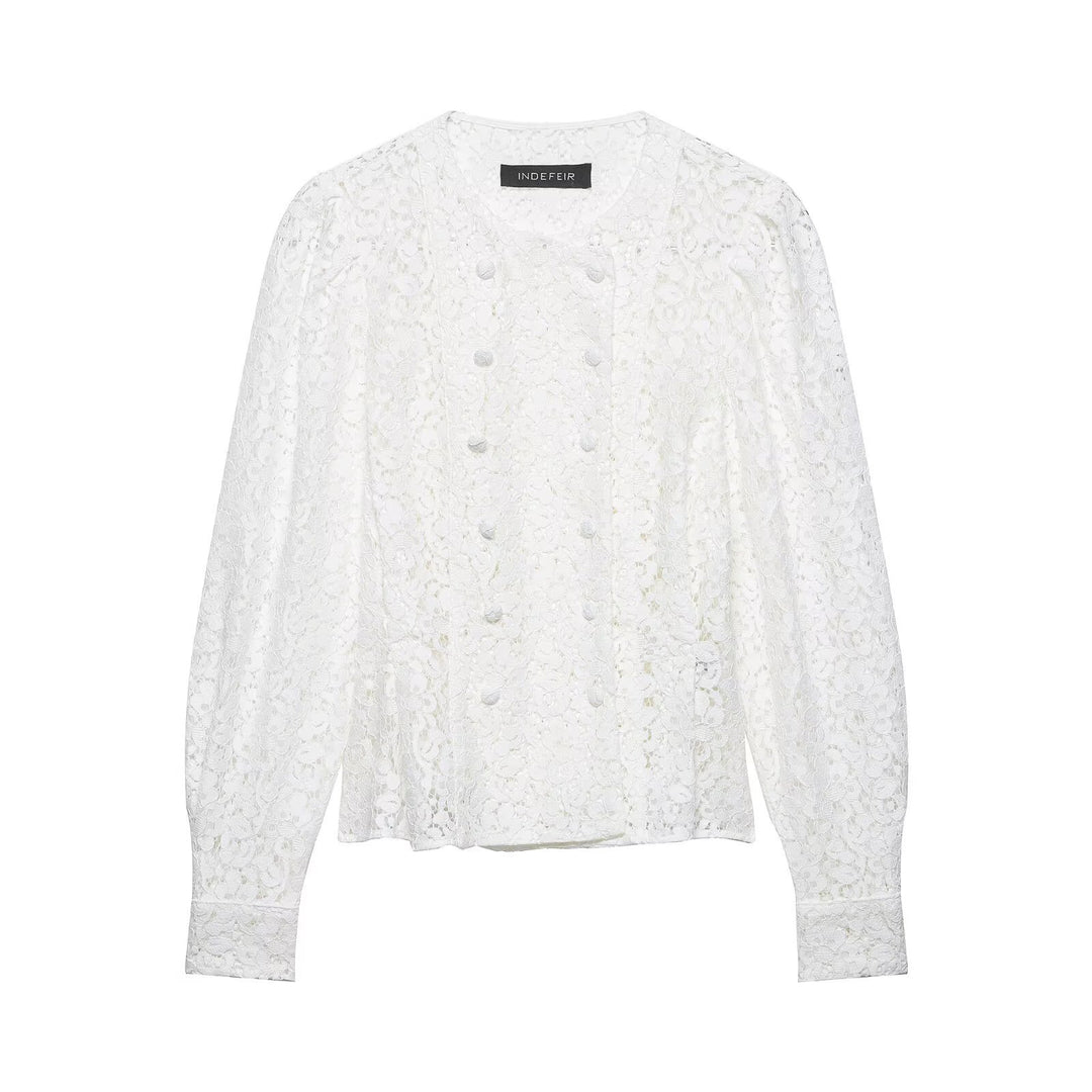 Damen Spitzenbluse mit dekorativen Knöpfen und eleganter Passform Drune