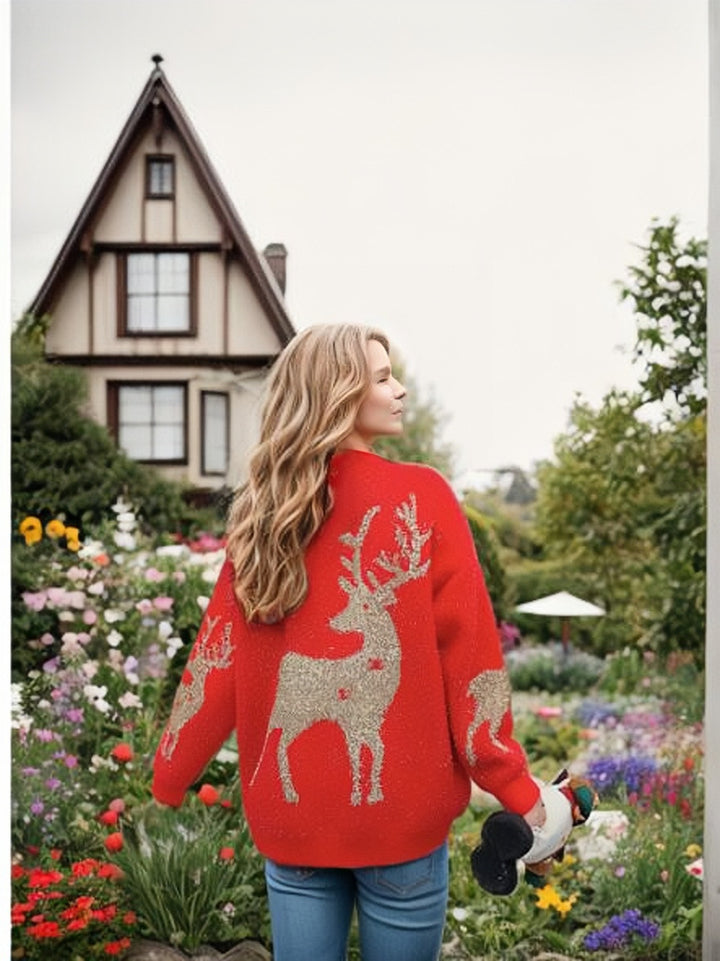 Damen Grobstrickpullover mit festlichem Schneeflockenmotiv und weiten Ärmeln Drune