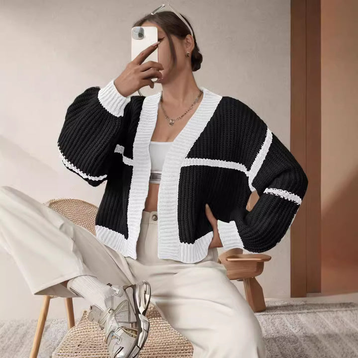 Damen lässiger Strickcardigan mit modernem Blockstreifenmuster Drune