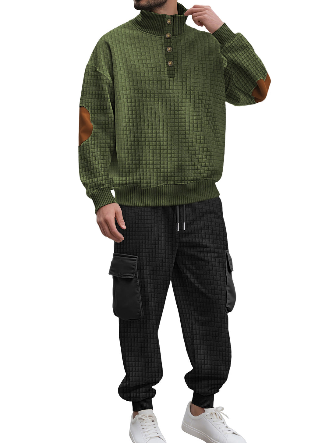 Herren nan Karo-Relief-Sweatset mit Stehkragen-Knopfleiste, Velours-Ellenbogenpatches und Cargo-Jogger Drune