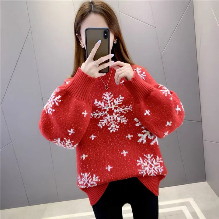 Damen Strickpullover mit Wintermotiv und Puffärmeln Drune