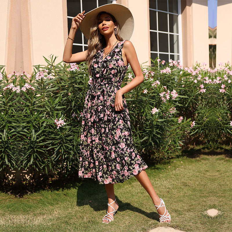 Damen Maxikleid mit floralen Akzenten und schwingendem Rock Drune