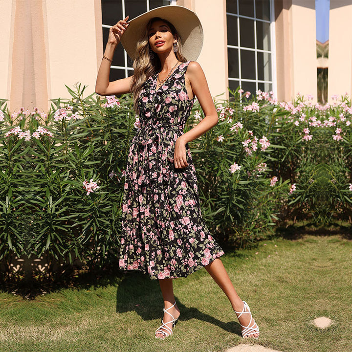 Damen Maxikleid mit floralen Akzenten und schwingendem Rock Drune