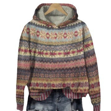 Damen nan oversized Strickkapuzenpullover mit Norwegermuster, gefütterter Kapuze und gerippten Bündchen Drune