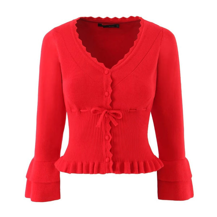 Damen modische kurzärmelige Strickjacke mit Rüschendetails und Knopfverschluss Drune