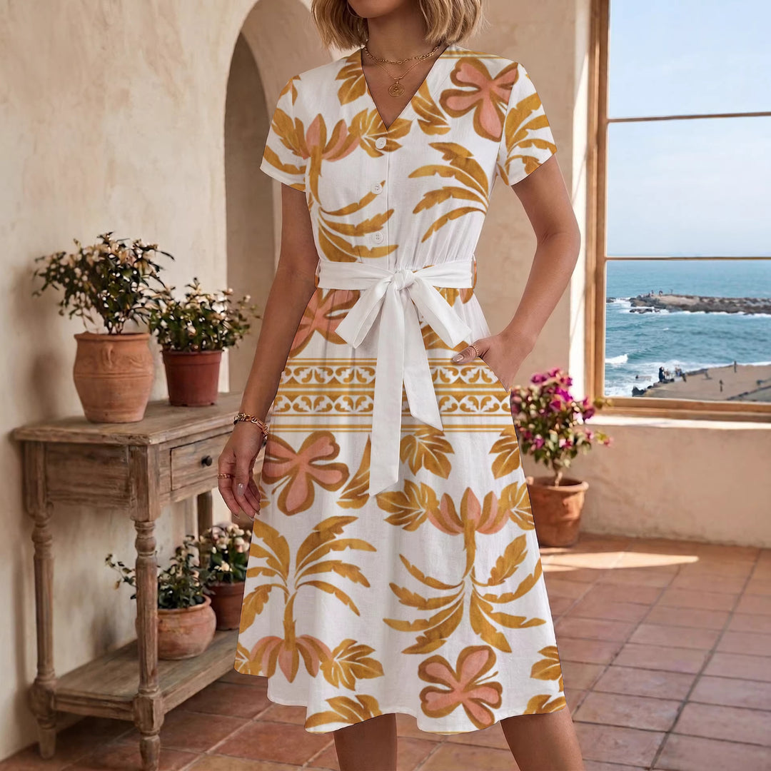 Damen Blühendes Midikleid mit taillierbarem Gürtel und kunstvollem Print Drune