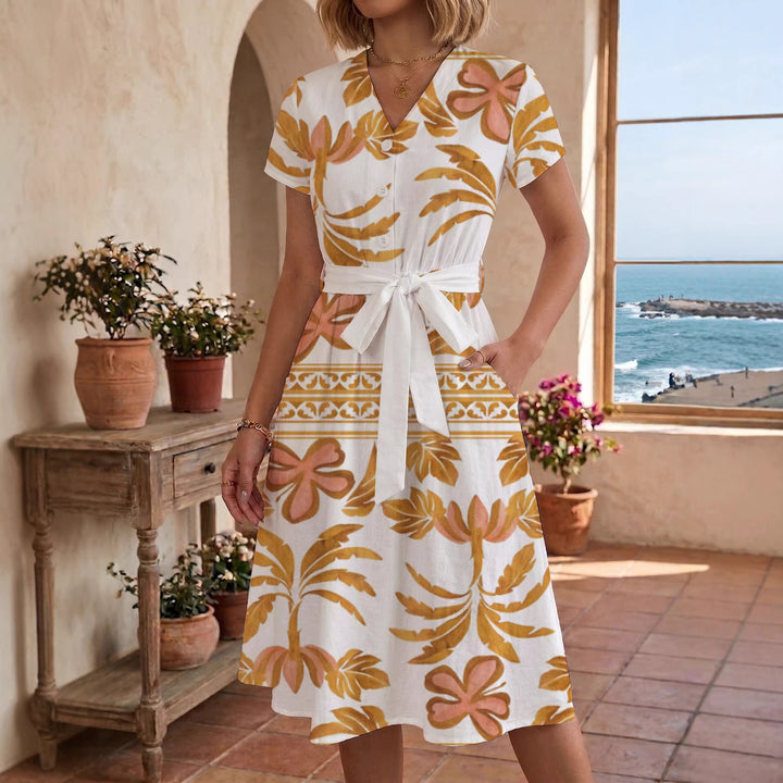 Damen Blühendes Midikleid mit taillierbarem Gürtel und kunstvollem Print Drune