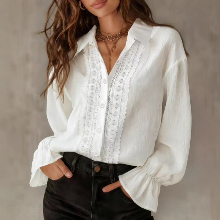Damen elegante Bluse mit Spitzendetails und Ballonärmeln Drune