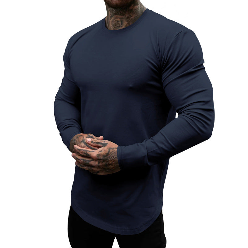 Herren nan figurbetontes Langarmshirt mit Rundhalsausschnitt, elastischem Baumwollstretch und verlängertem Saum Drune