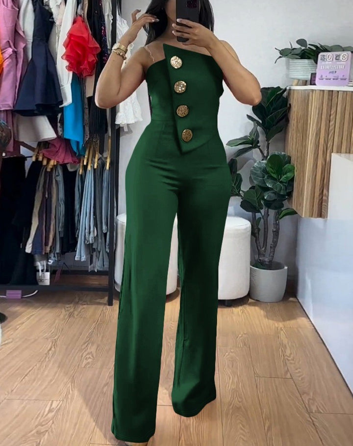 Damen Eleganter Jumpsuit mit schulterfreien Design und dekorativen Knöpfen Drune
