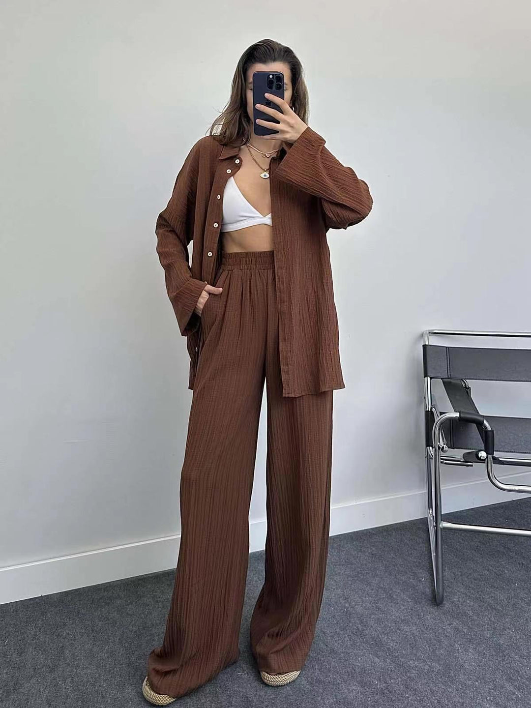Damen lässiges Übergrößen-Hemd und lockere Hose Set Drune