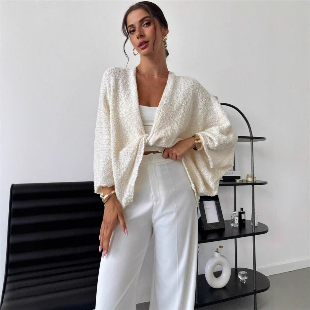 Damen lässige Wickeljacke mit weiten Ärmeln und strukturiertem Stoff Drune