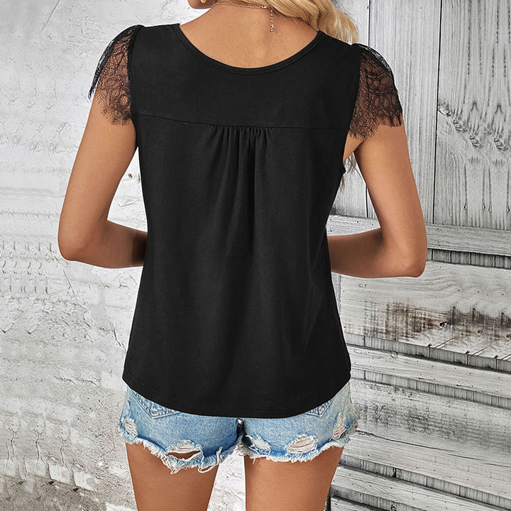 Damen Spitzen-Top mit V-Ausschnitt und Knopfdetail Drune
