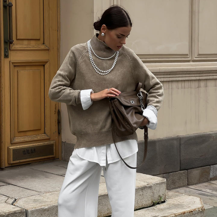 Damen gemütlicher Strickpullover mit hohem Kragen und stylischen Ärmelaufschlägen Drune