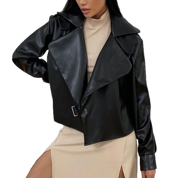 Damen Modische Kunstlederjacke mit elegantem Reverskragen und asymmetrischem Schnitt Drune