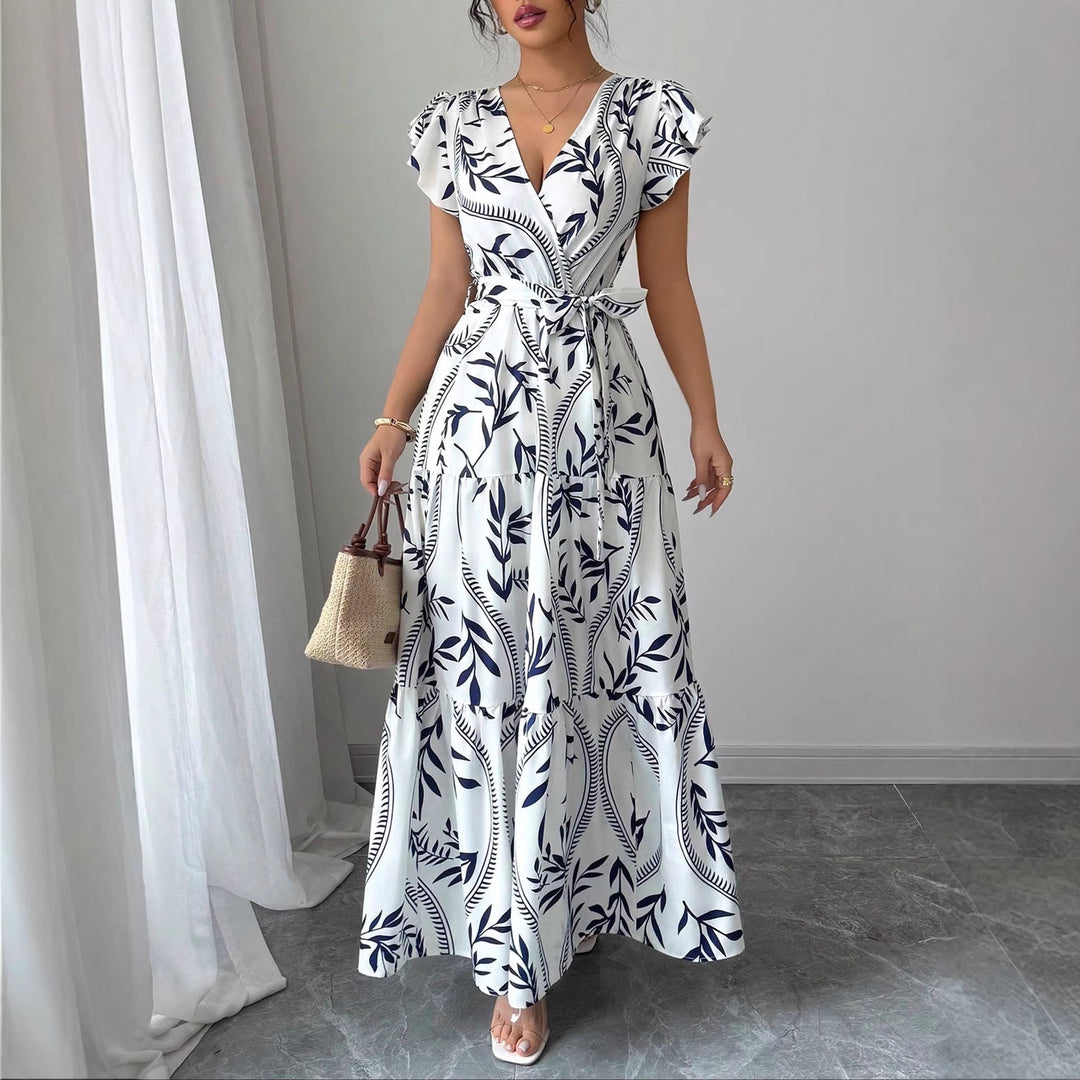 Damen Maxikleid im boho-inspirierten Design mit floralen Elementen und taillierbarem Gürtel Drune