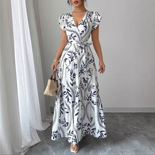 Damen Maxikleid im boho-inspirierten Design mit floralen Elementen und taillierbarem Gürtel Drune