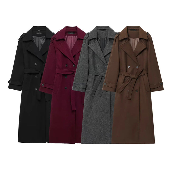 Damen Eleganter Wolltrenchcoat mit doppelter Knopfleiste und Taillengürtel Drune