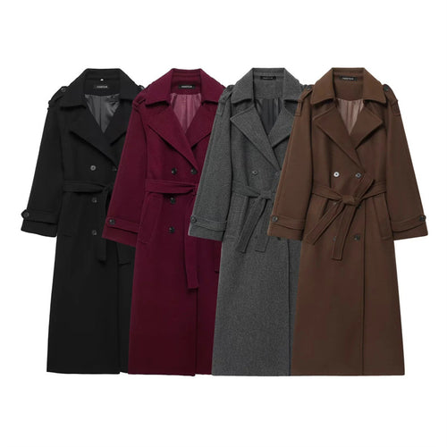 Damen Eleganter Wolltrenchcoat mit doppelter Knopfleiste und Taillengürtel Drune