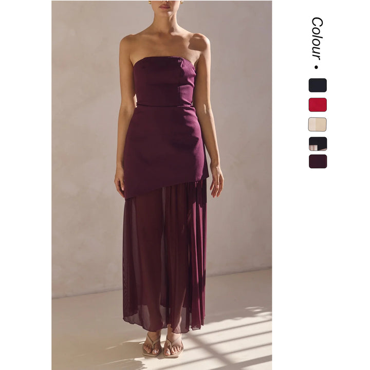 Damen Elegantes Bandeau-Maxi-Kleid mit fließendem Chiffon-Rock und figurbetontem Oberteil Drune