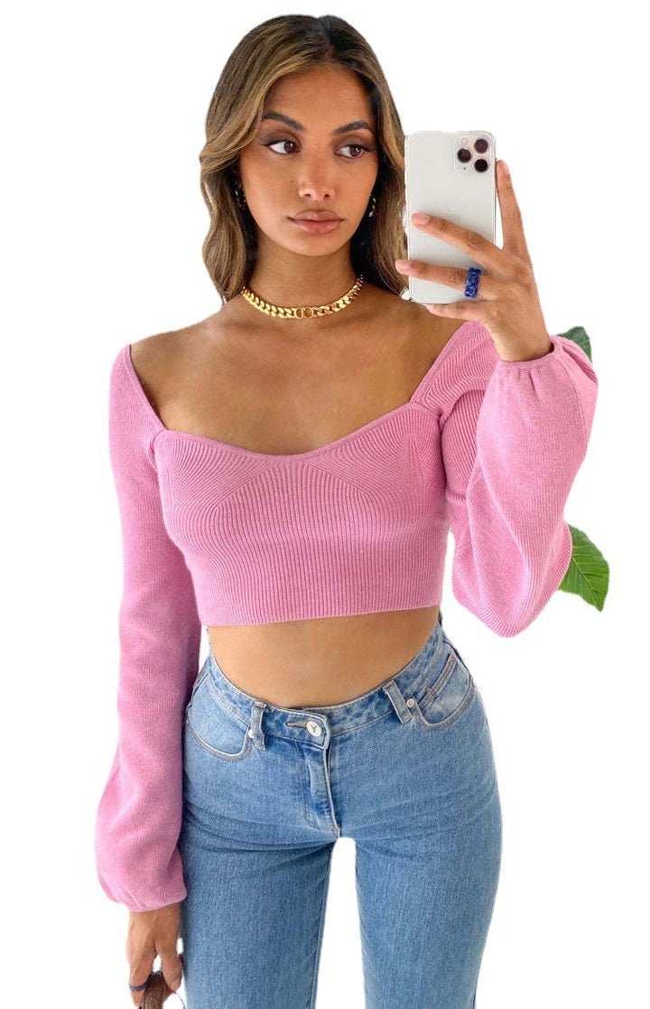 Damen elegantes cropped Oberteil mit schicker Rippstruktur und weitem Ärmel Drune
