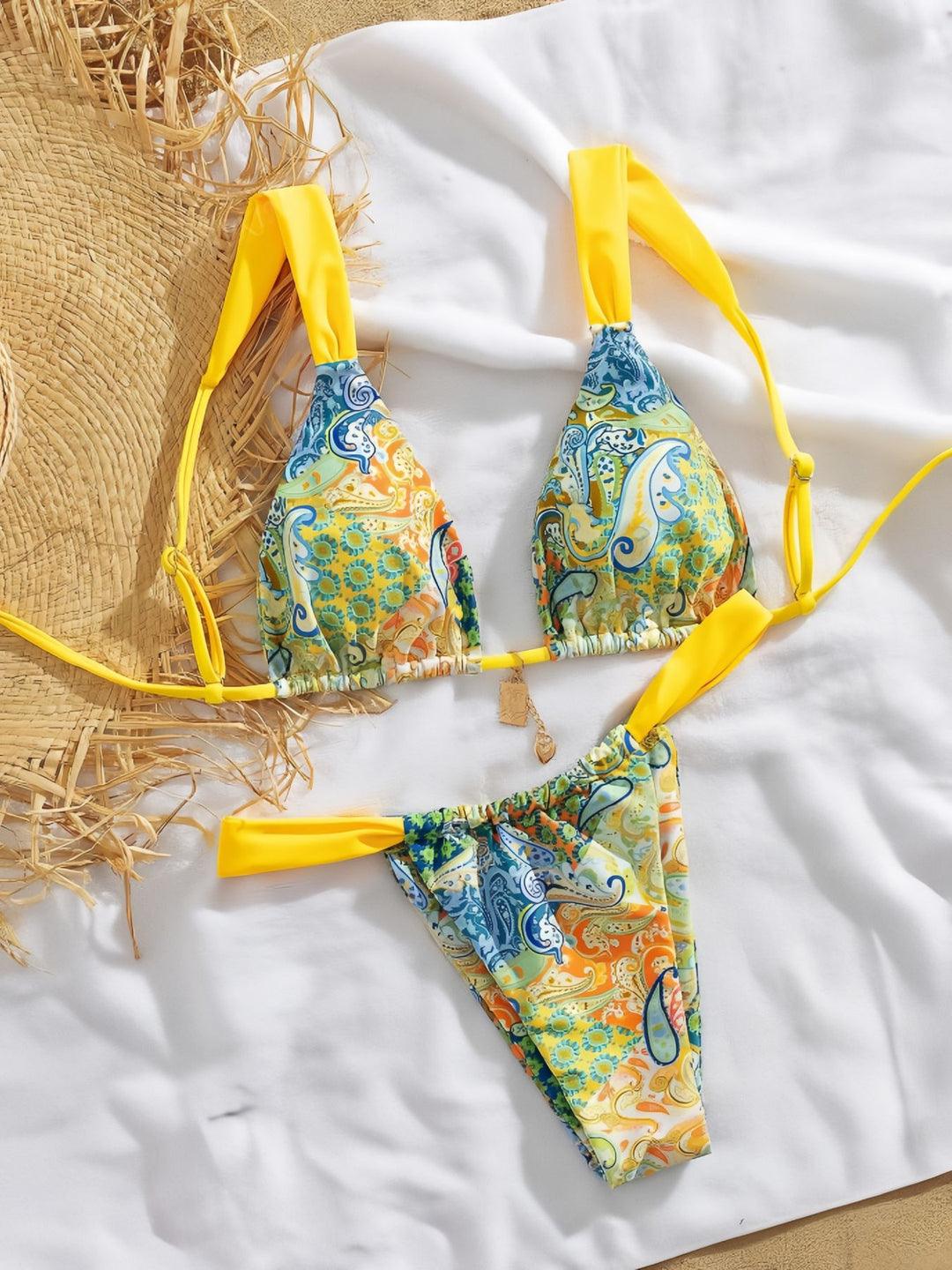 Damen Triangel-Bikini mit buntem Paisleymuster und verstellbaren Trägern Drune