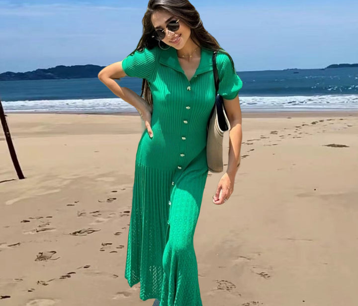 Damen Knielanges Strickkleid mit eleganter Knopfleiste und modischen Details Drune