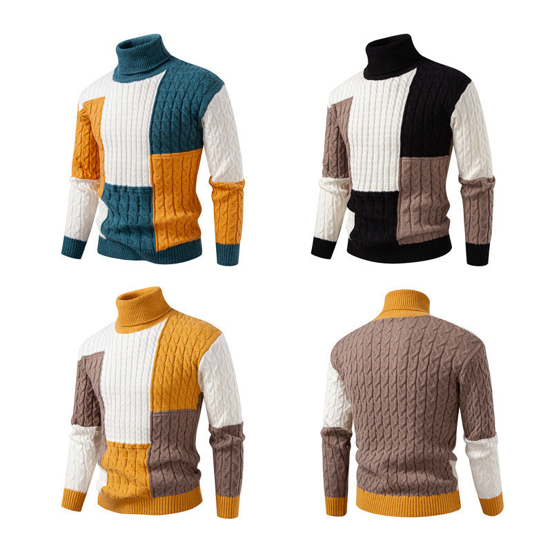 Herren hochabschließend gestrickter Pullover mit modernem Zopfmuster und attraktiven Farbblöcken Drune