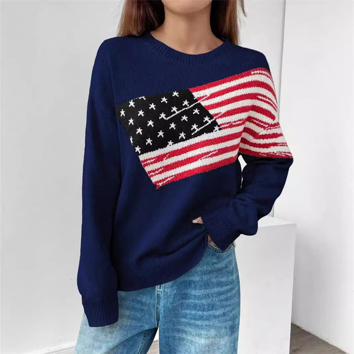 Damen Strickpullover mit Flaggenmuster und lässigem Schnitt Drune