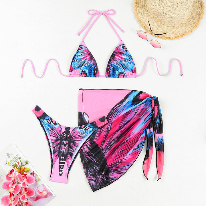 Damen Triangel-Bikini-Set mit aufregendem Schmetterlingsdruck und passendem Pareo Drune
