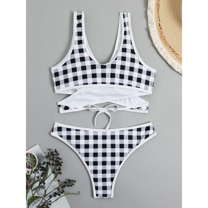 Damen Triangel-Bikini mit modernem Wickel-Design und verspieltem Karomuster Drune