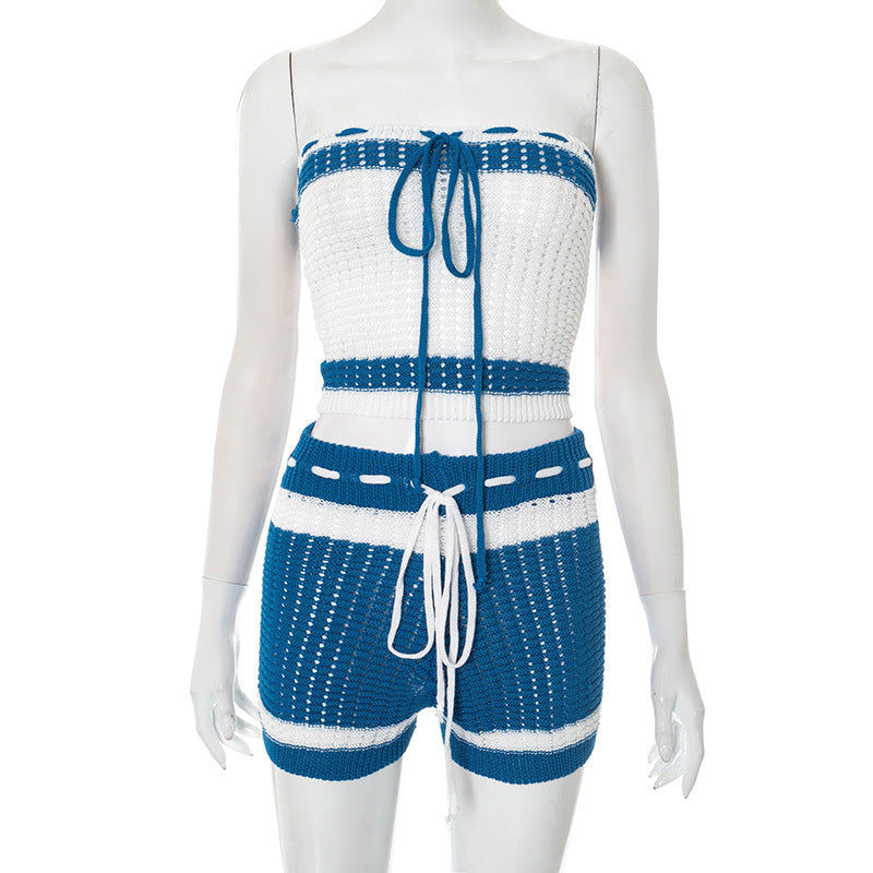 Damen Knitted Bandeau Set mit Shorts und verstellbarem Kordelzug Drune