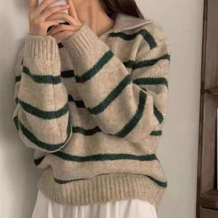 Damen Elegante Pullover mit Streifenmuster und Kragen Drune