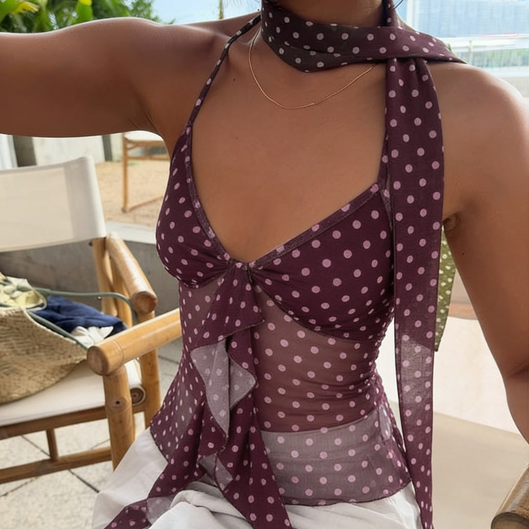 Damen luftiges Haltertop mit verspieltem Punkte-Design und Rüschendetails Drune