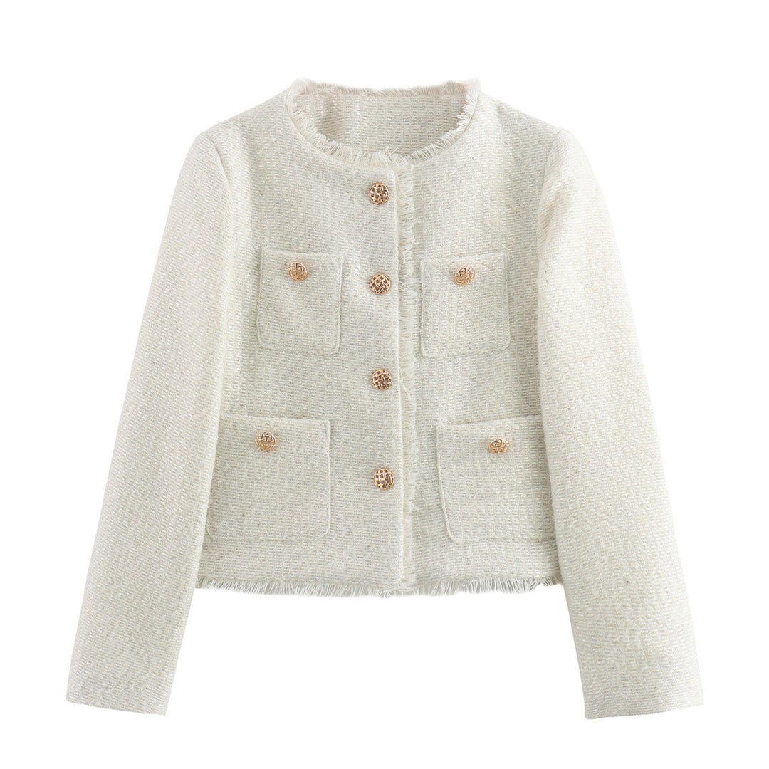 Damen elegante Tweedjacke mit Fransen und praktischen Taschen Drune