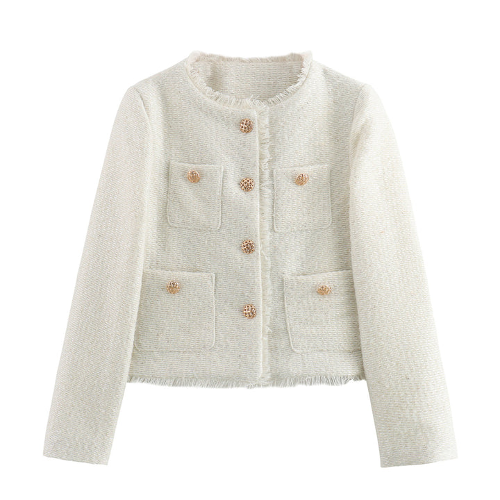 Damen elegante Tweedjacke mit Fransen und praktischen Taschen Drune