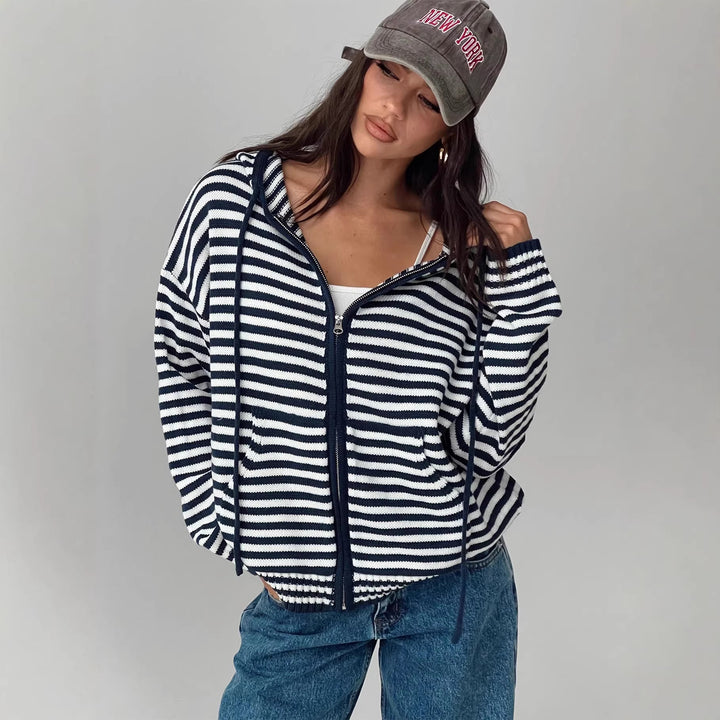 Damen lässige gestreifte Strickjacke mit durchgehendem Reißverschluss Drune