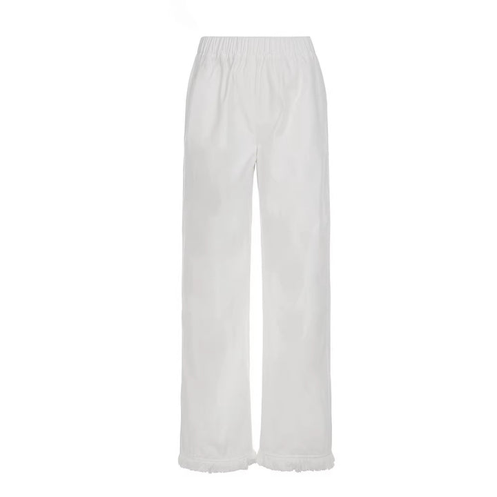 Damen Weite Baumwollhose mit elastischem Bund und femininen Fransen Drune