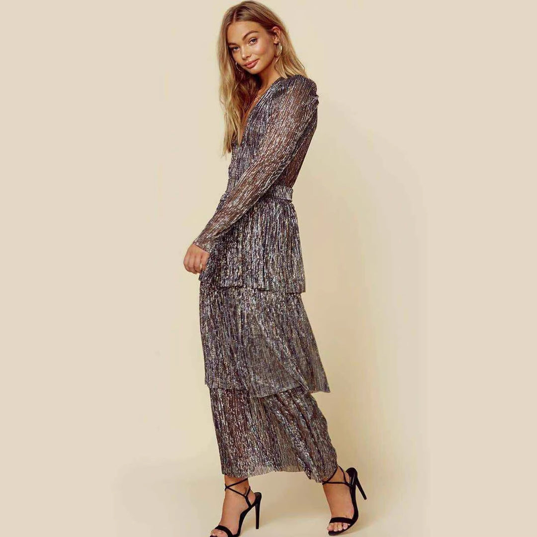 Damen Glamouröses Abendkleid mit schillernden Lagen und V-Ausschnitt Drune