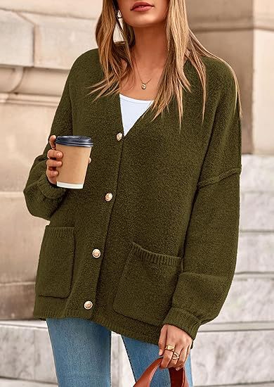 Damen Oversized Strickjacke mit Knöpfen und großen Taschen Drune