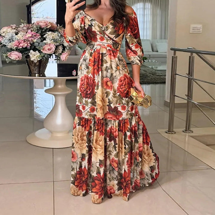 Damen Maxikleid mit V-Ausschnitt und Rüschendetails Drune