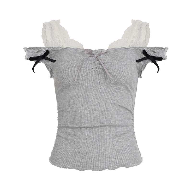 Damen Top mit verspieltem Spitzenkragen und Raffdetails Drune