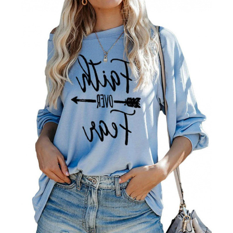 Damen Lässiger Off-Shoulder Pullover mit inspirierendem Druck Drune