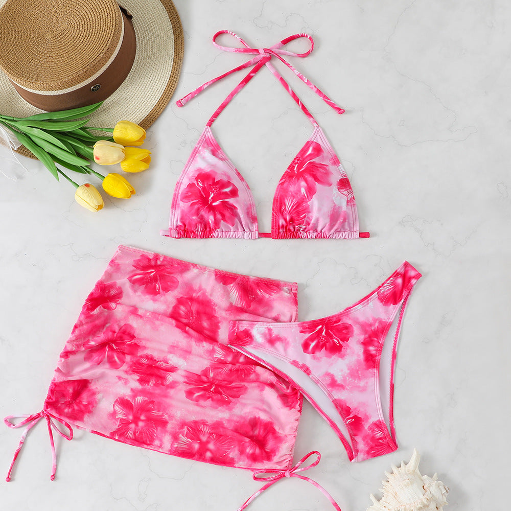 Damen Triangel-Bikini-Set mit verstellbaren Trägern und floralem Wickelrock Drune