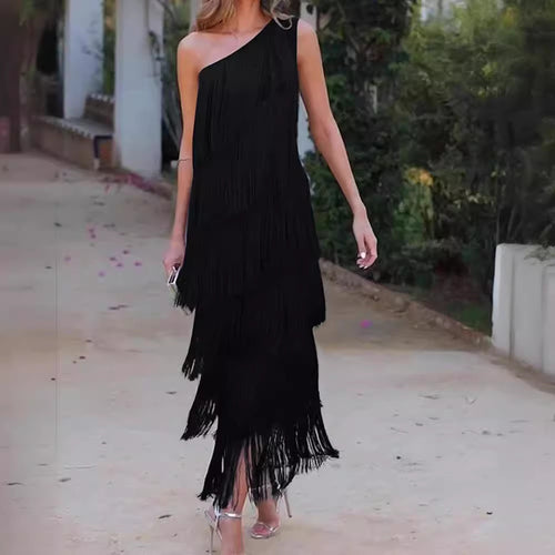 Damen Fransen Maxikleid mit asymmetrischem Schnitt und elegantem Detail Drune