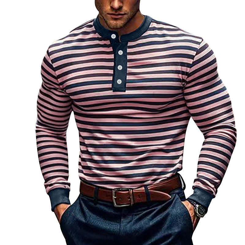 Herren nan gestreiftes Langarm-Henleyshirt mit Stehkragen und Knopfleiste Drune