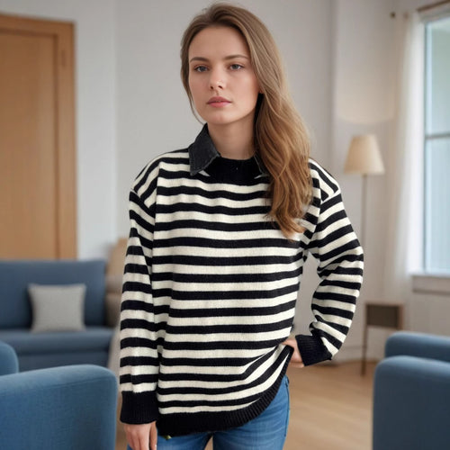 Damen lässiger Pullover mit strukturellem Streifenmuster und modischem Kragen Drune