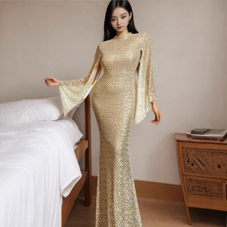 Damen Glamouröses Pailletten-Abendkleid mit schwingenden Ärmeln Drune