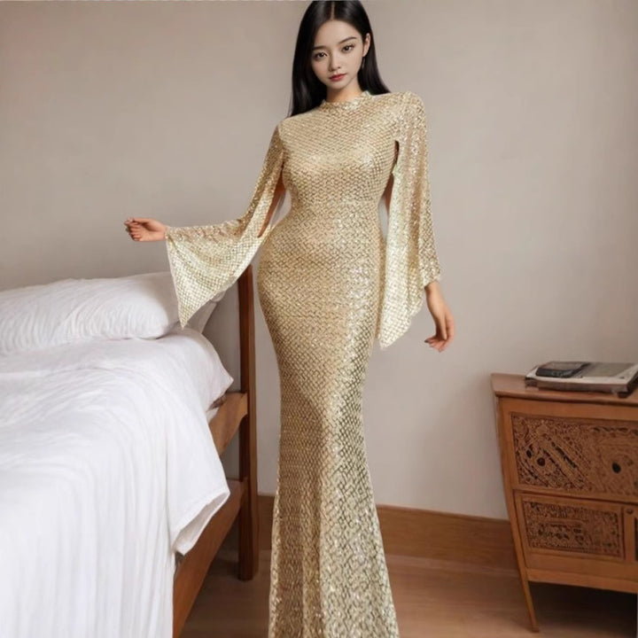 Damen Glamouröses Pailletten-Abendkleid mit schwingenden Ärmeln Drune