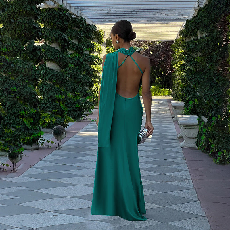 Damen elegantes Maxikleid mit asymmetrischem Halterdesign und seidigem Obermaterial Drune
